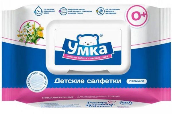 Изображение товара Салфетки влажные детские Умка экстракт ромашки и череды, рифленая ткань с клапаном №120 Салфетки влажные детские Умка экстракт ромашки и череды, рифленая ткань с клапаном №120 фотография