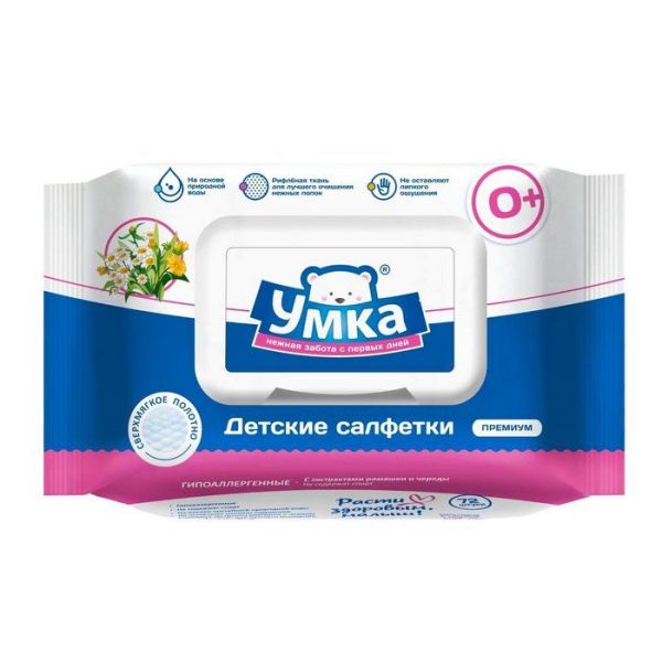 Изображение товара Салфетки влажные детские Умка экстракт ромашки и череды, рифленая ткань, с клапаном №72 Салфетки влажные детские Умка экстракт ромашки и череды, рифленая ткань, с клапаном №72 фотография
